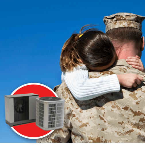 A young girl hugging a soldier in uniform with a picture of two air conditioning units in the corner