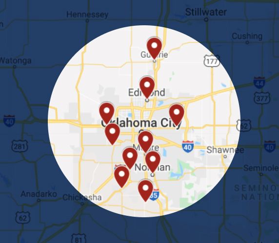A map snippet centered on Oklahoma City highlighting Oklahoma City and surrounding areas