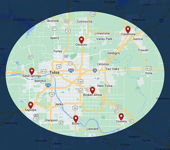 A snippet of a map centered around Tulsa, Oklahoma, highlighting Tulsa and surrounding areas